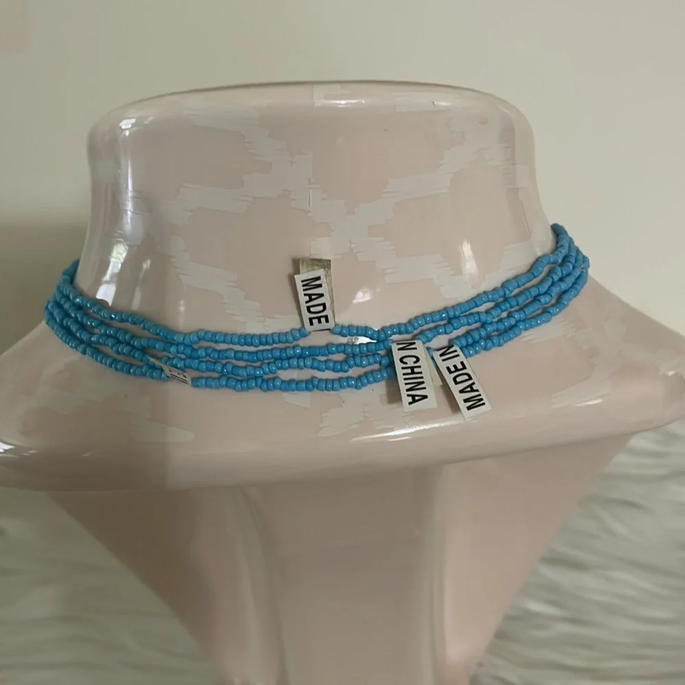SOLD_Four (4) light blue mini beaded beach necklaces - layer or wear one - Picture 5 of 8
